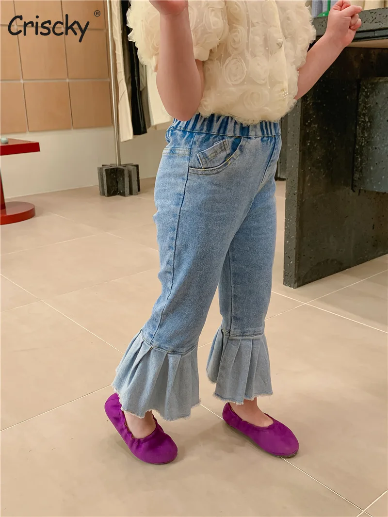 

Criscky Children's Summer Jeans Pants Trousers Children's Denim Pants Girls' Fashionable Patchwork Ruffles Flared Pants