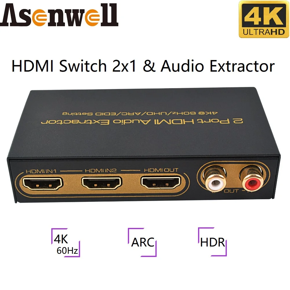 

4K60Hz HDMI Audio Extractor 2 Port HDMI Switch Selector 2x1 UHD ARC EDID Setting SPDIF 5.1 2CH Audio Output for Apple TV Fire TV
