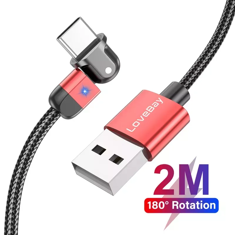 

180° Rotate LED 3A USB Type C S10 S9 Quick Charge 3.0 Mobile Charge Wire USB C
