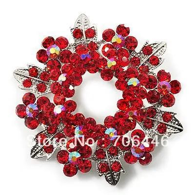 

2.2 Inch Beautiful Large Wreath Floral Brooch with Red Rhinestone Crystals