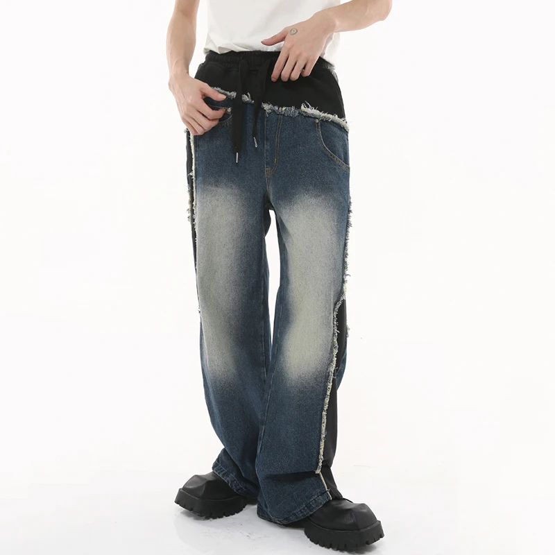 

Джинсы-багги SYUHGFA мужские с широкими штанинами, индивидуальные брюки из денима в стиле пэчворк, винтажные повседневные брюки с эластичным поясом и градиентом, уличная одежда, 2023
