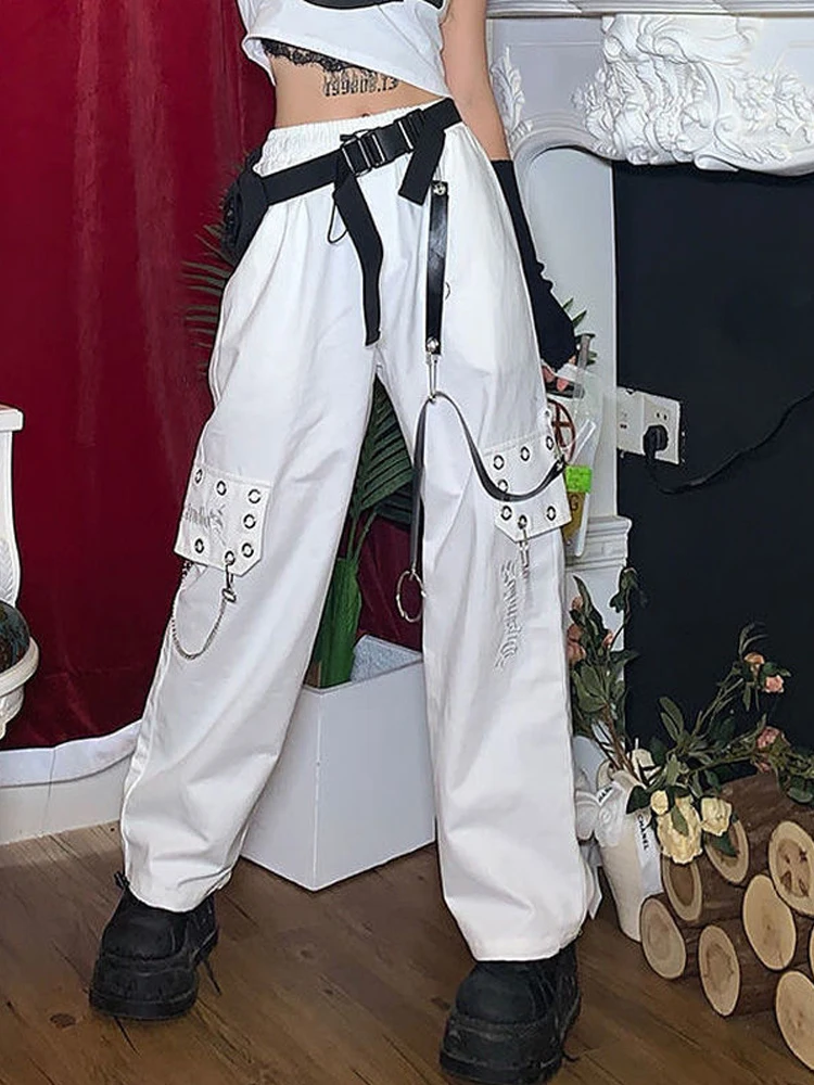 

Брюки-карго женские в стиле Харадзюку, черные штаны с широкими штанинами, в готическом стиле, хиппи, стиль эмо, торговый центр, белые