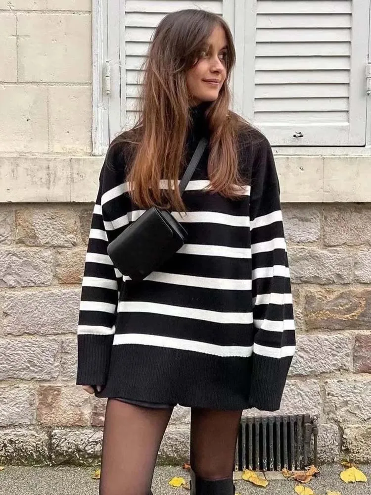 

Осенне-зимний вязаный свободный свитер KLKXMYT TRAF в полоску, Женский пуловер, топы, Свитера с длинным рукавом и высоким воротником, повседневны...