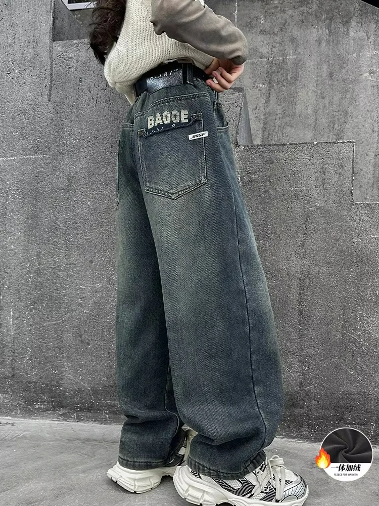 Новые зимние термоджинсы детские флисовые брюки с надписью для детей модный