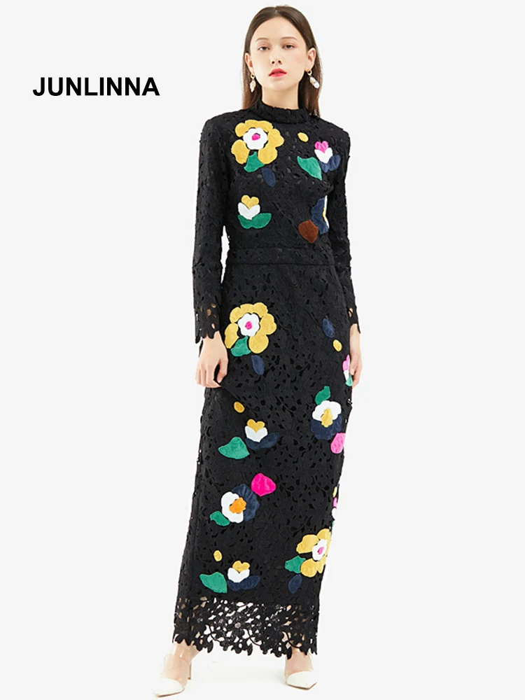 

JUNLINNA One Free Size Women Dress 2022 Spring New Half High Collar Hollow Out and Embroidery Long Vestidos