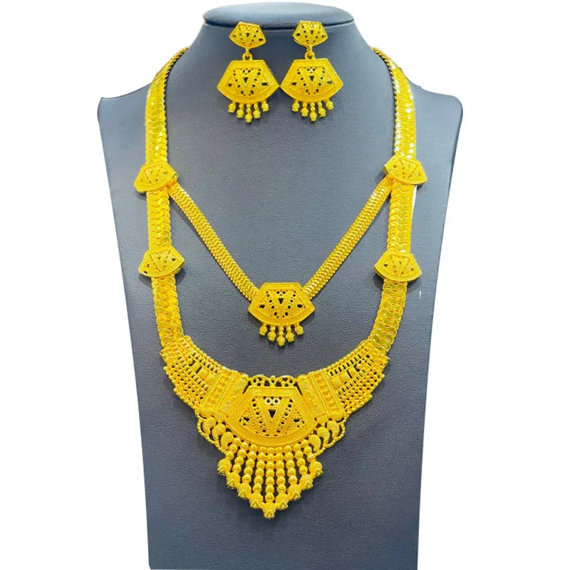 

2022 Explosive 24K Dubai Jewelry Set Necklace Earrings Bridal Wedding Two-piece Set CHD20938