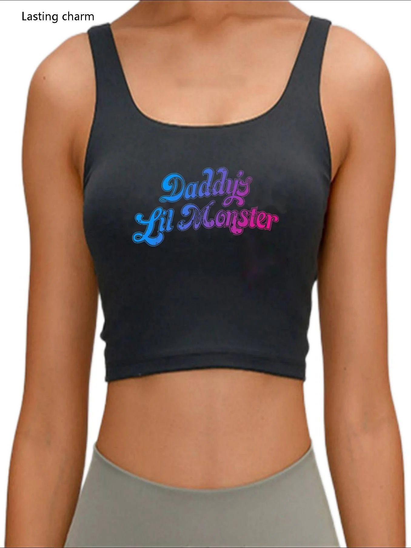 Daddy's Lil Monster Print Crop Top Adult Humor Fun Flirty Summer Harajuku Print Sports Tank Top Girl's Crop Tee