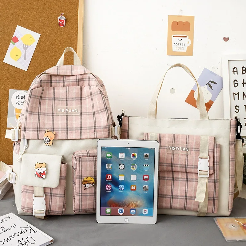 

5Pc Fashion Lattice Backpack School Bags for Teen Girl Canvas Handbag Shoulder Bag Mini Messenger Bag Coin Pocket Bolsa Feminina