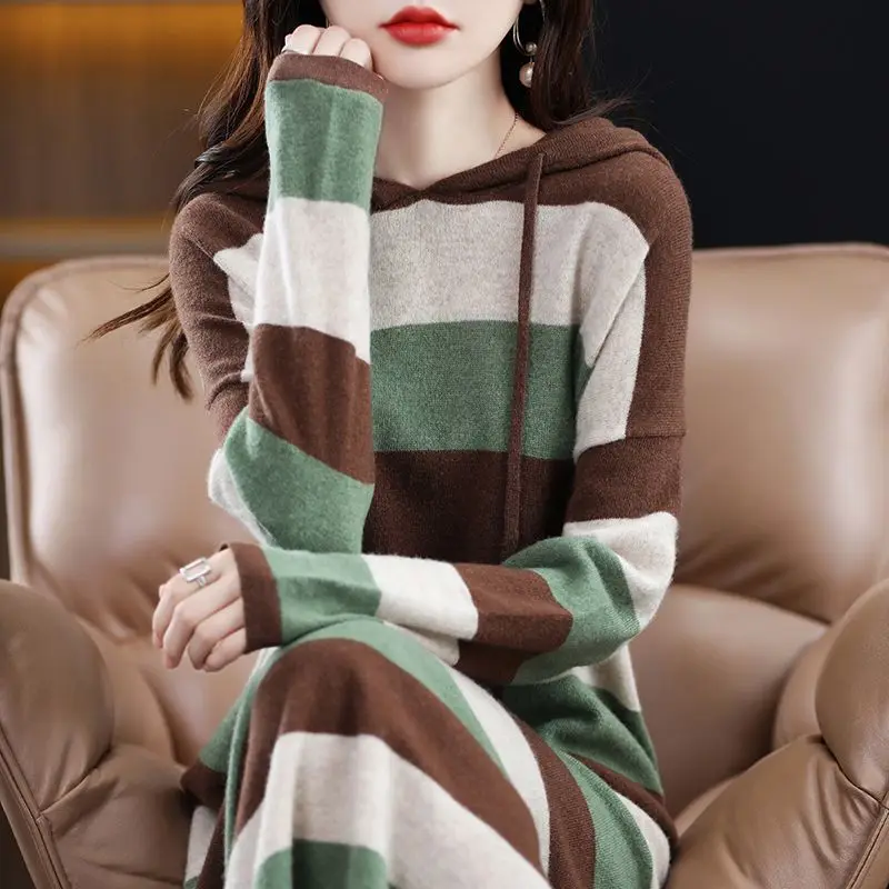 

Hooded Vintage Women's Sweater Knitted One-piece Dress Loose Midi Knit Dresses for Women Autumn Winter 2022 with Free Shippi