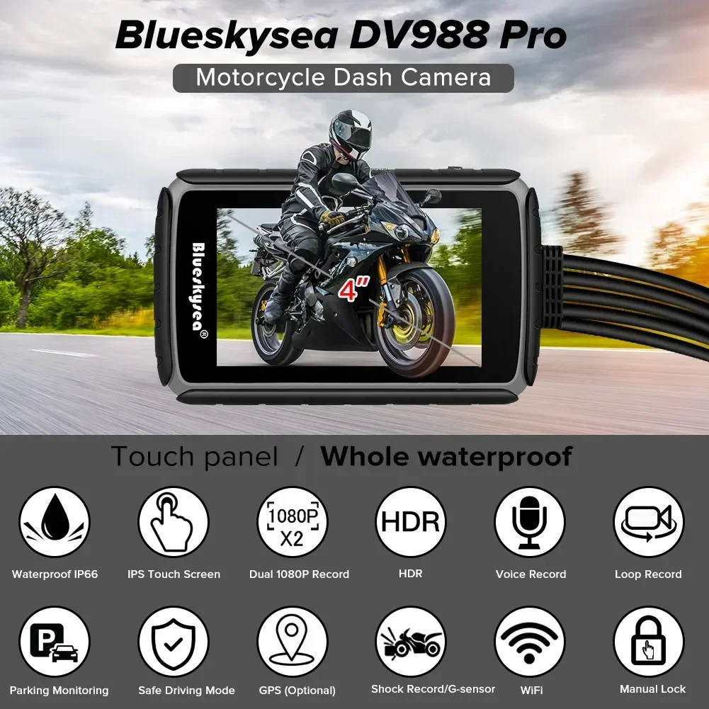 Blueskysea DV988 Pro 4-дюймовый IPS сенсорный экран двойной IP66 140 широкоугольный объектив