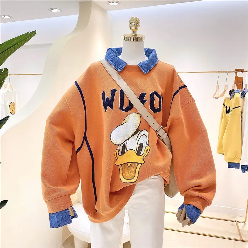 Disney Women Polo Collar Fake Two-piece Sweater Women Spring and Autumn Korean Version Loose Student Shirt Letter Stitching Tide