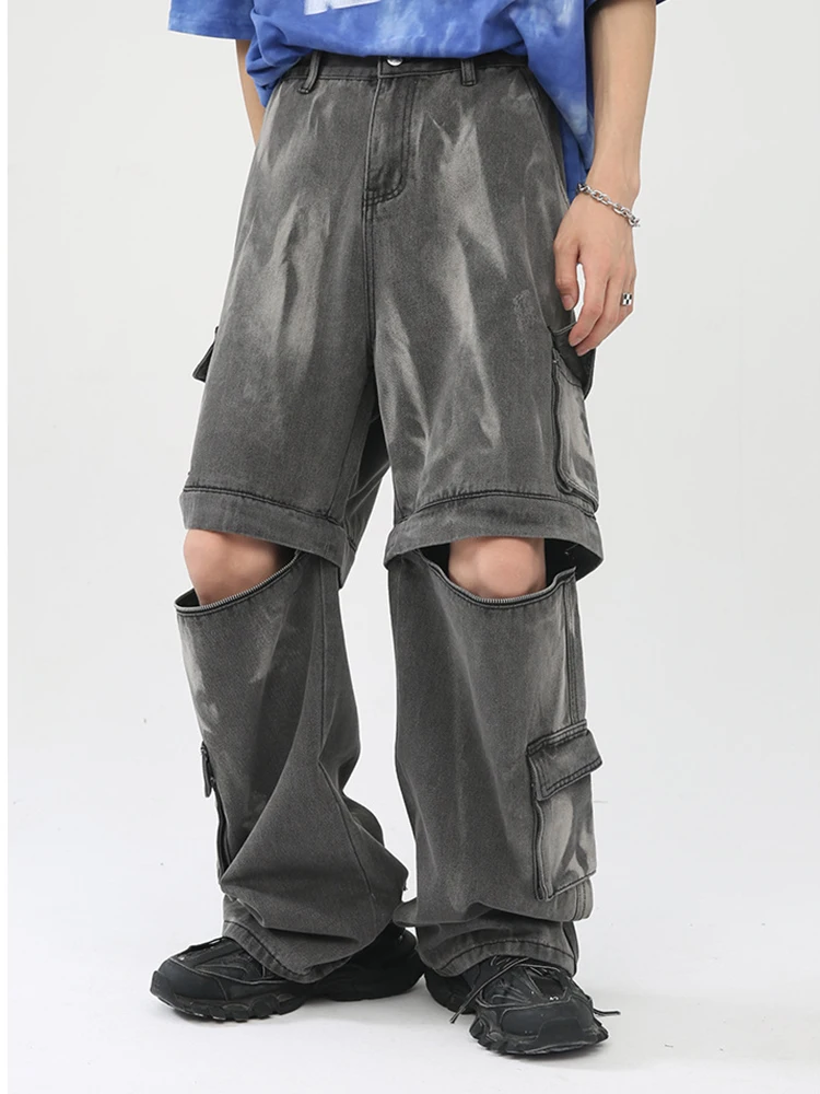 ARENS Detachable Leg Jeans Men Streetwear Hip Hop Loose Casual Vintage Denim Jeans Pants 2 Style Cargo Jeans Trousers Male
