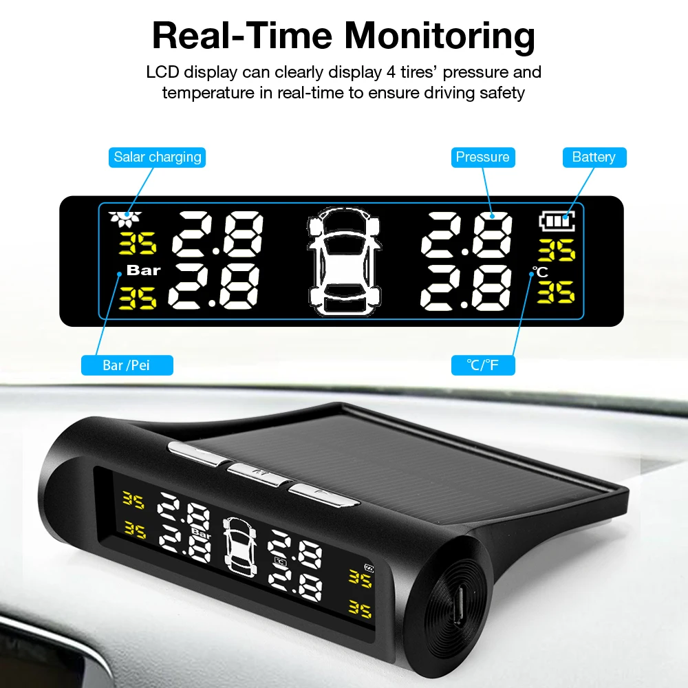 Фото Система контроля давления в шинах (TPMS) с солнечной зарядкой, HD цифровым LCD-дисплеем, автоматической сигнализацией и беспроводными внешними датчиками. №4