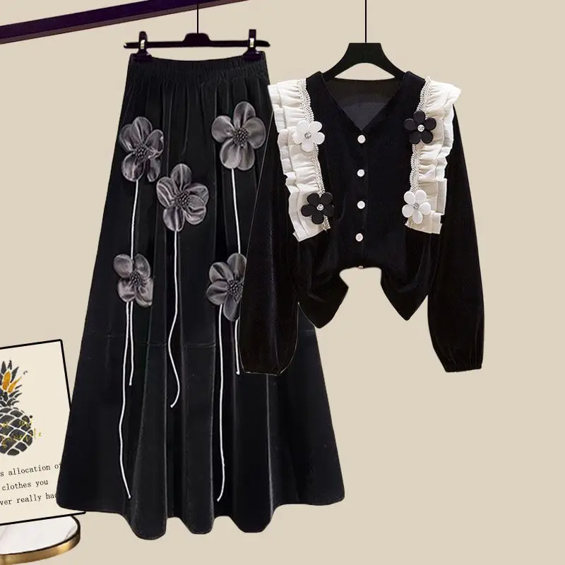 

Женский трикотажный костюм из двух предметов, элегантный зимний костюм в стиле пэчворк из топа с длинным рукавом и асимметричной юбки, 2022