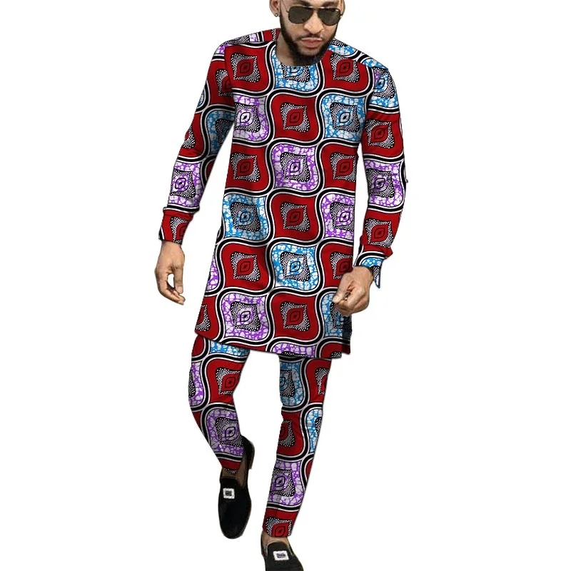 African Clothes Men's Set Long Sleeve Tops With Pant Nigerian Fashion Wax Print Male Wedding Party Wear