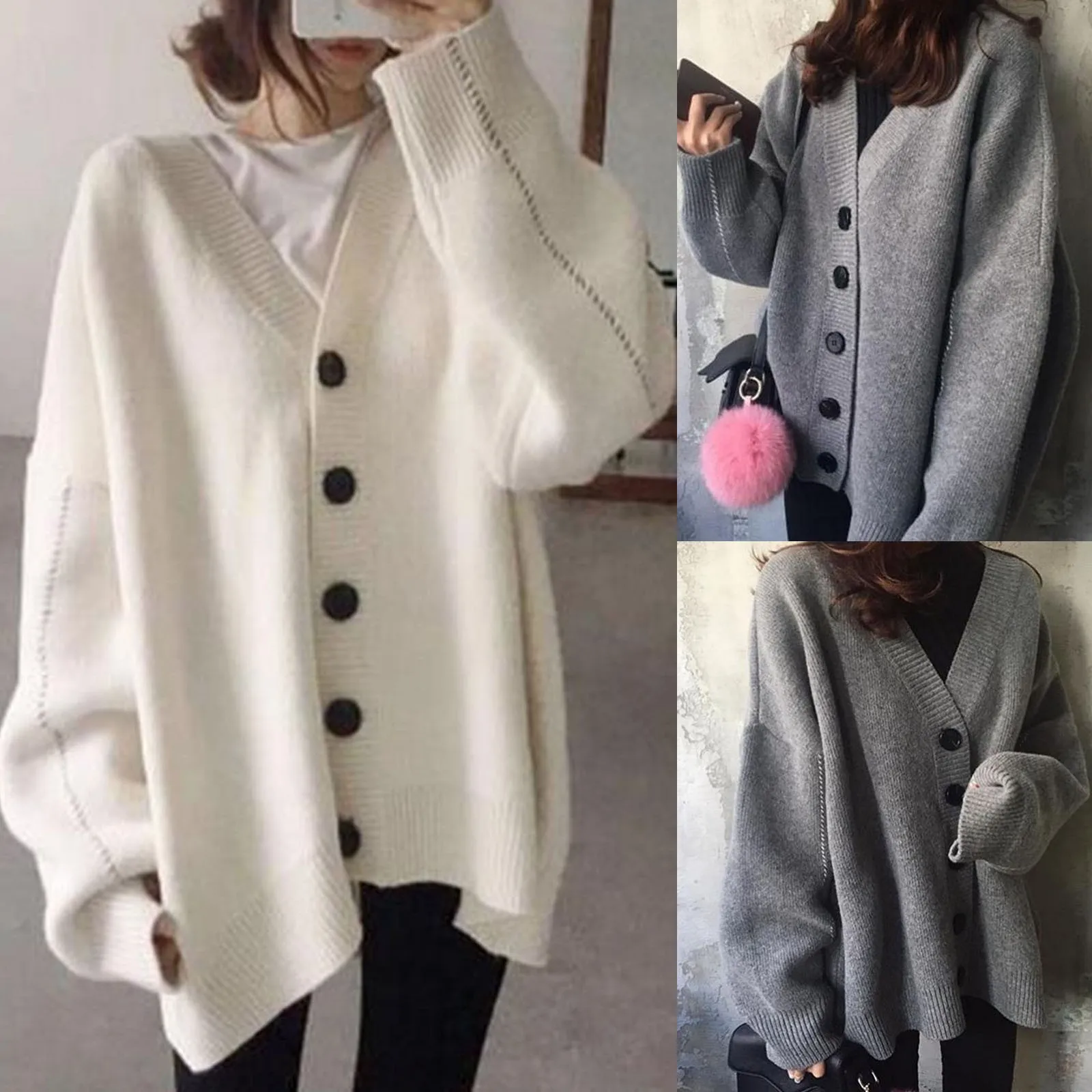 

New Knitwear Women Long Sleeved V Collar Gray Knitted Wool Chunky Open Front Sweater Women Open Front Fleece Cardigans for Women