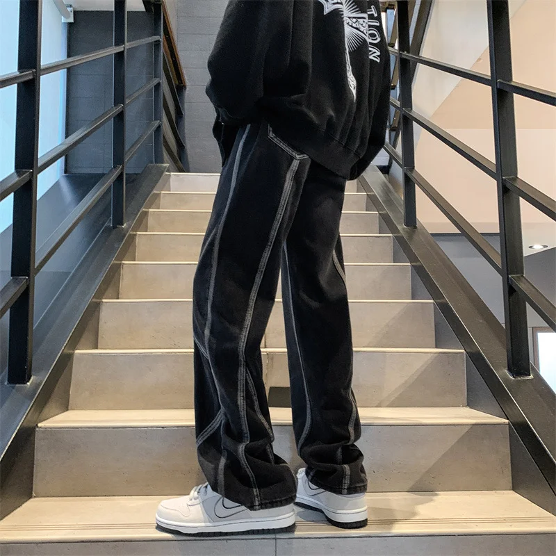 DEEPTOWN Patchwork Straight Jeans Men Hip Hop Streetwear Denim Pants Loose Stripes Casual Trousers Male Fashion Spring Autumn