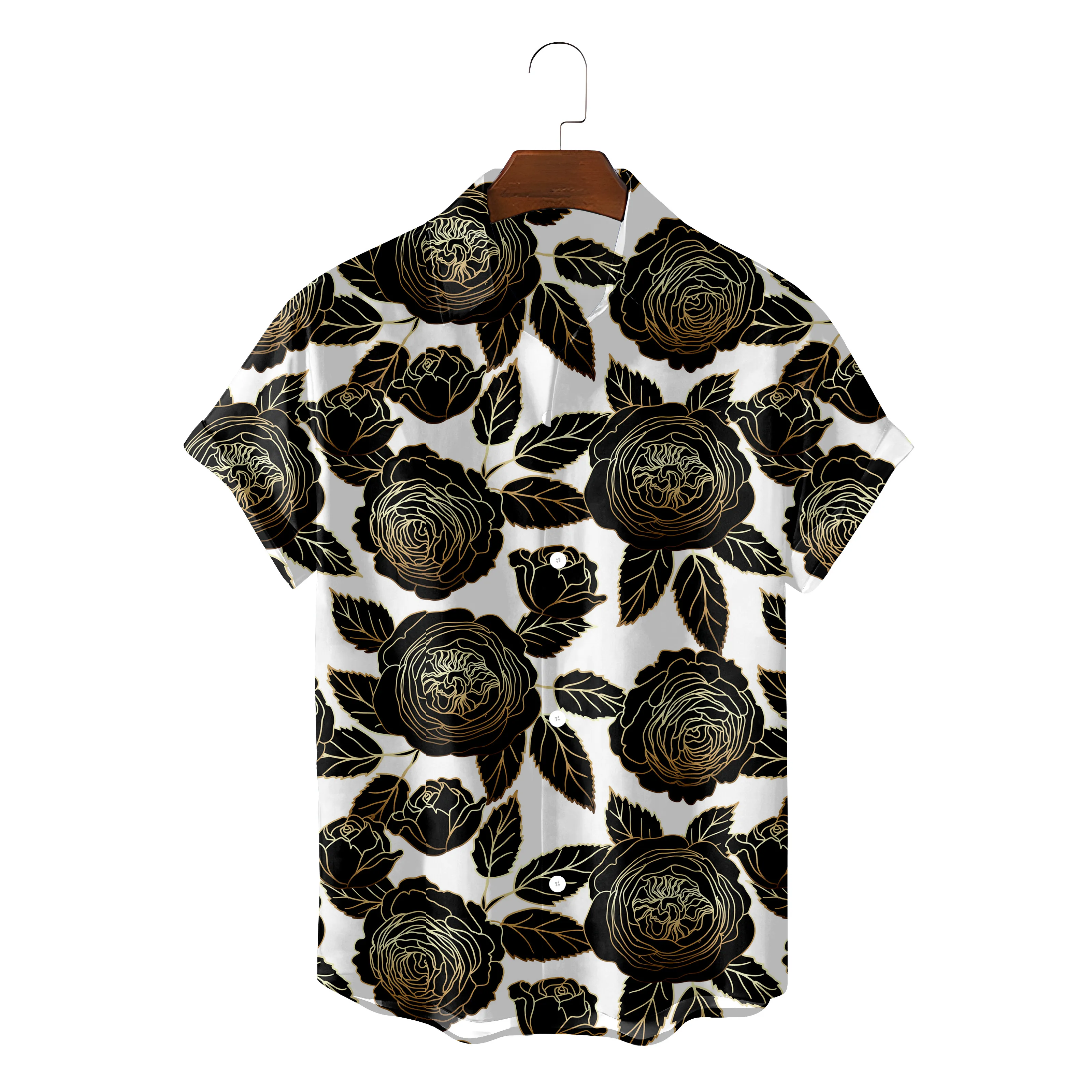 

Fashion Hawaiian Shirt For Men Summer Beach Clothes Gold Leaf Floral Camisa Blusas Blouses Button Up Streetwear Chemise