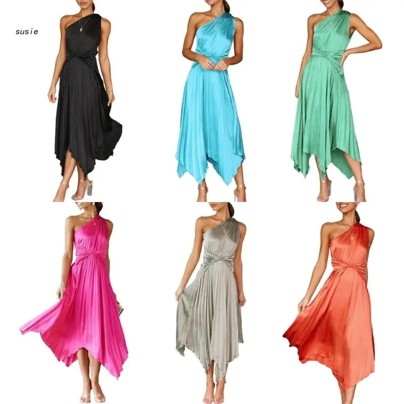 

Lightweight Sleeveless Pleated Waist Dress Woman Loose Dress Fashion Single Shoulder Strap Summer Ladies Seaside Dresses