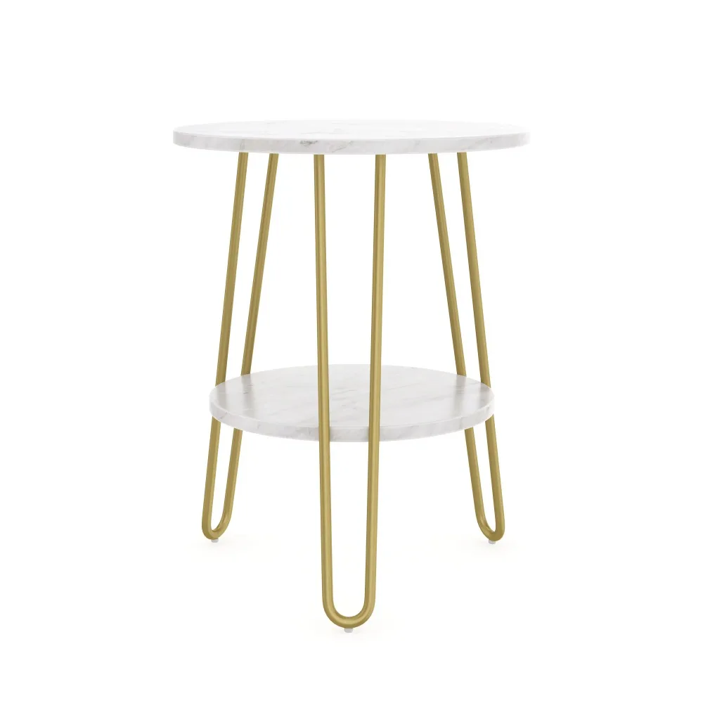 

Nathan James Ashley White Round Marble End or Side Table with Brass Hairpin Legs and Storage Shelf, White/Gold