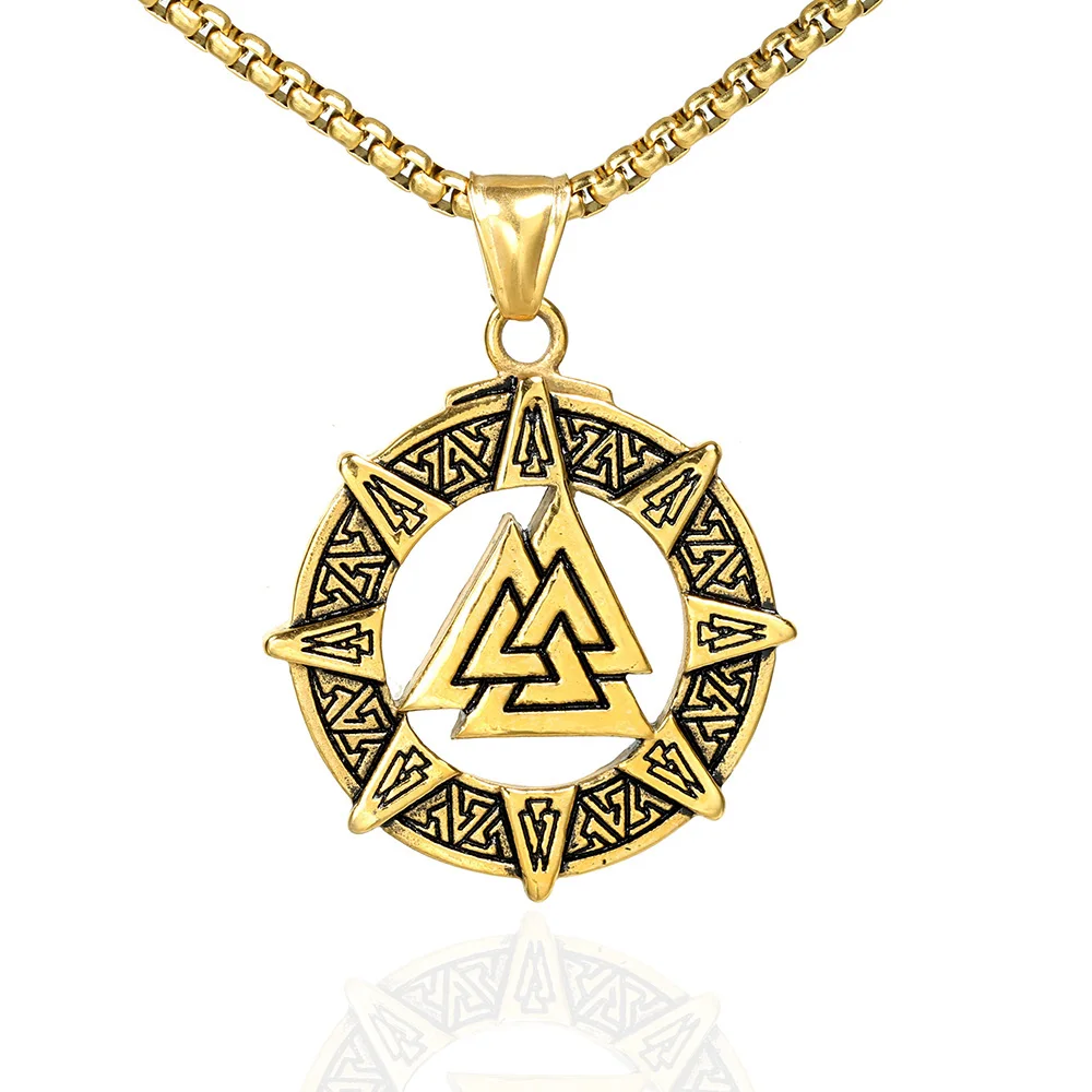 

Punk Vikings Stainless Steel Necklace Mens Nordic Runes Pendant Triangle Vegvisir Amulet Scandinavian Ouroboros Jewelry