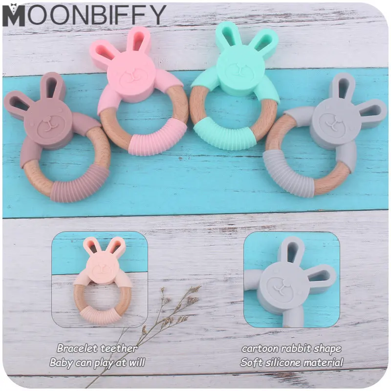 

Silicone Baby Teether Cartoon Rabbit Wooden Ring Newborn Handhold Teething Toys Rodent Molar Play Gym Educational Toy