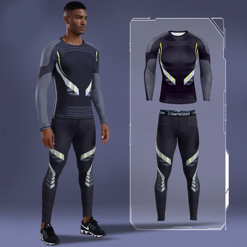 

New Sports Suit Men Long Sleeve Running Sets Compression T-Shirt + Pants Rashguard Gym Jogging Tracksuit Workout Tights