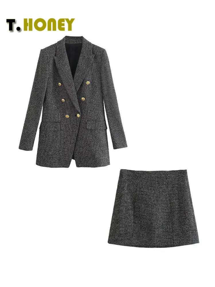 

Женский модный двубортный пиджак TELLHONEY, пиджак, пальто, Женский комплект с облегающей юбкой на молнии сзади, текстурный костюм из двух предметов