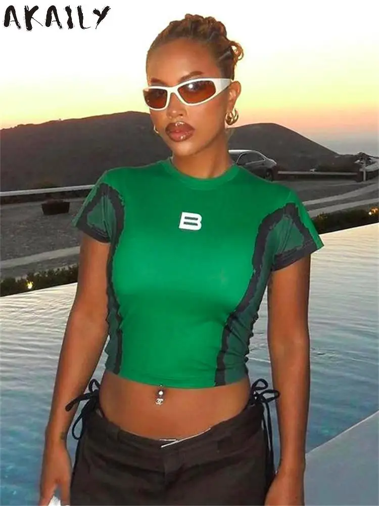 

Akaily Sexy Lettering Print T Shirt Party Club Outfit For Women 2023 Summer Black Patchwork Bodycon Crop Top Red Fashion Blouse