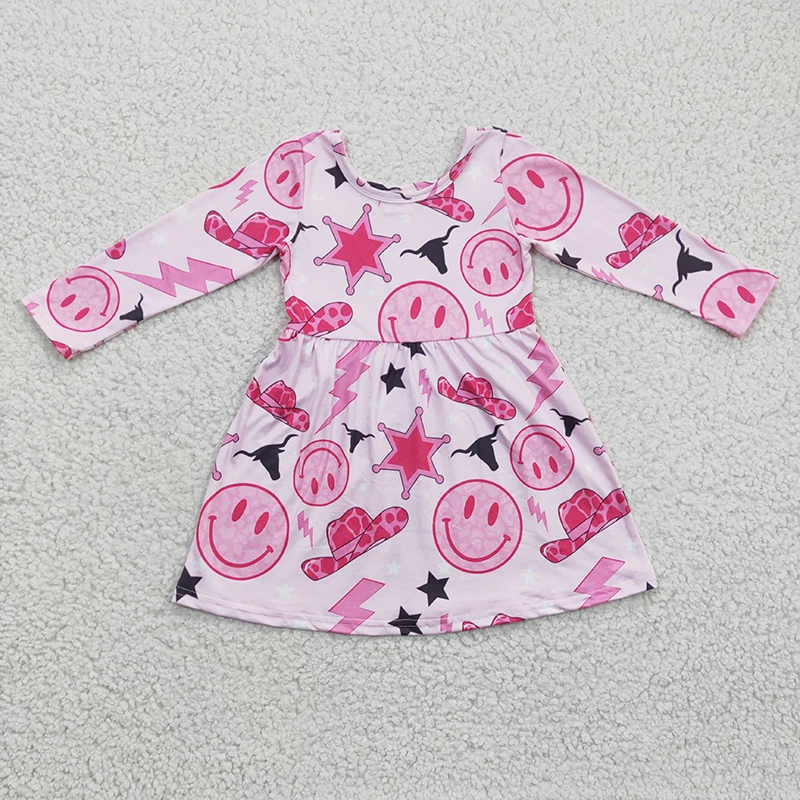 Wholesale Baby Girl Western Cow Hat Dress Pink Long Sleeves Kid Children Infant Toddler Clothes
