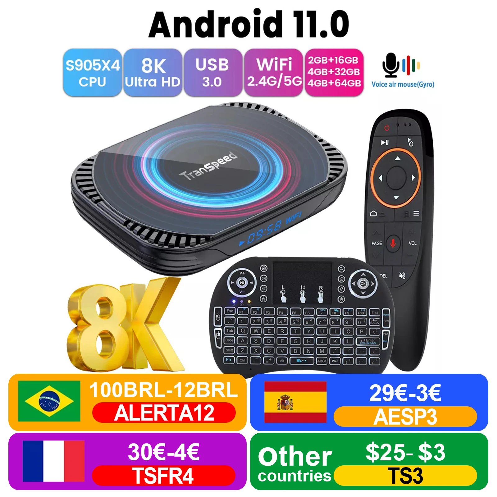 

New. Transpeed X4 Android 11 TV Box Amlogic S905X4 3D BT4.0 4G 32G 64G 128G Fast Dual Wifi Media Player 4K 8K Set top box