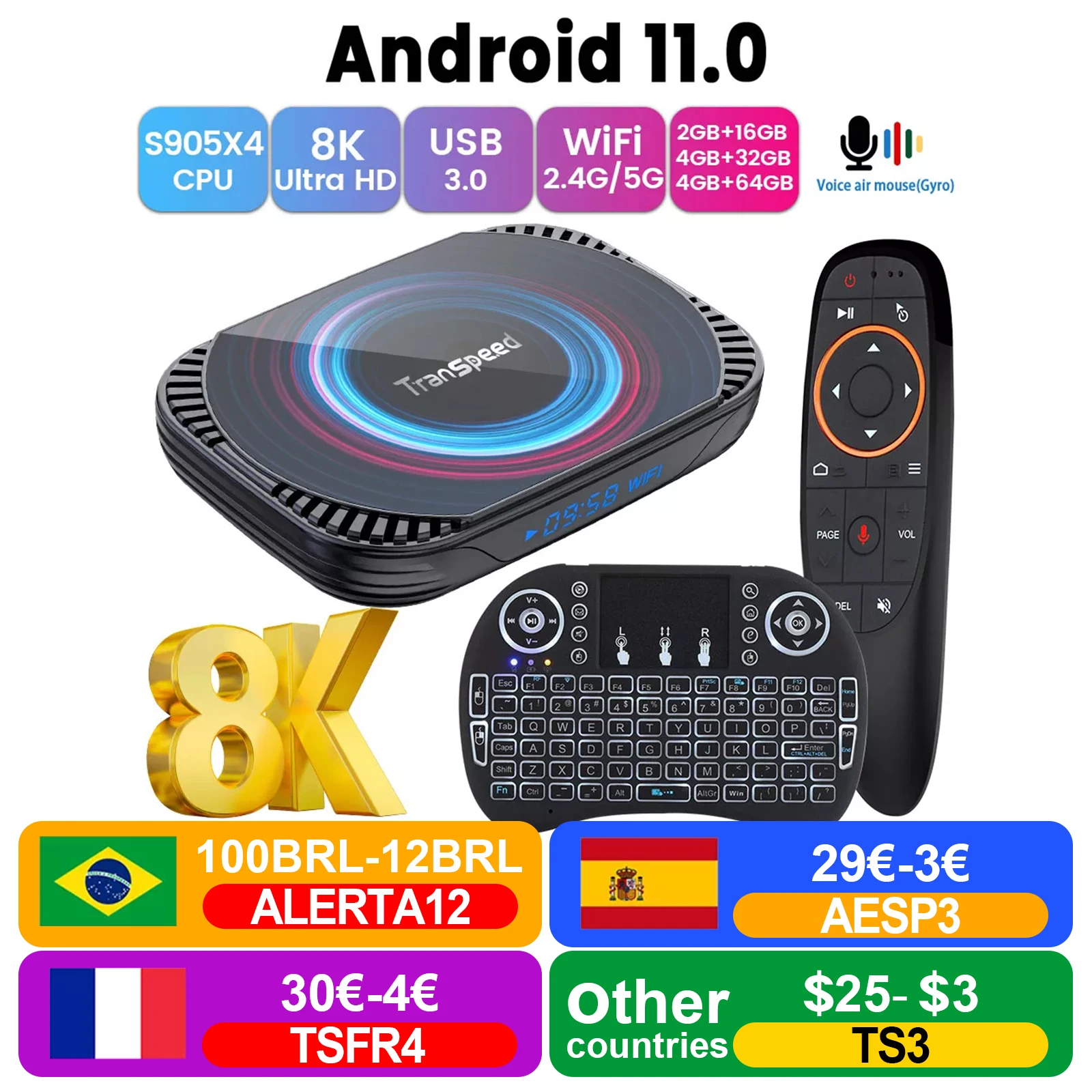 ТВ-приставка Transpeed X4 Android 11 Amlogic S905X4 3D BT4.0 4 + 32/64/128 ГБ Wi-Fi |