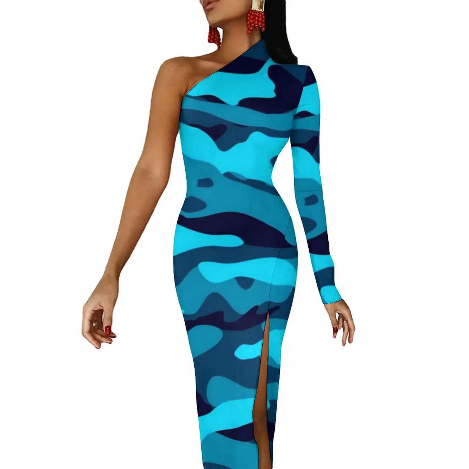 

Женское длинное платье с высоким разрезом, голубое облегающее Платье макси с камуфляжным принтом, весна 2019