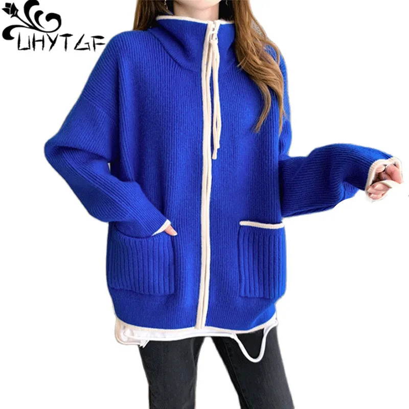 

UHYTGF 2022 Sweater Jacket Women's Long Sleeve Zipper Casual Autumn Winter Sweaters Coat Female Knitted Cardigan Short Tops 1878