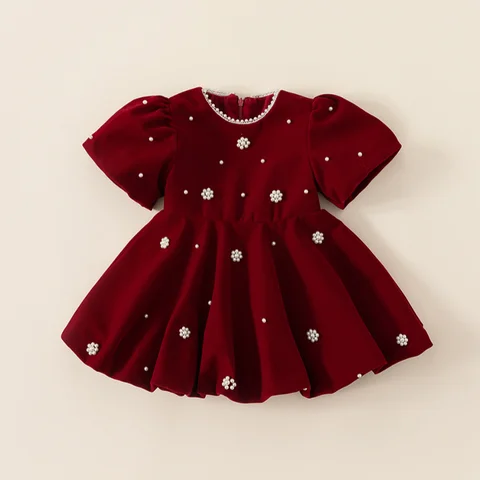 Детская одежда, красное бархатное платье для девочек, платья с коротким рукавом и цветочным узором и жемчугом для рождественской вечеринки, детское платье принцессы, платье для малышей