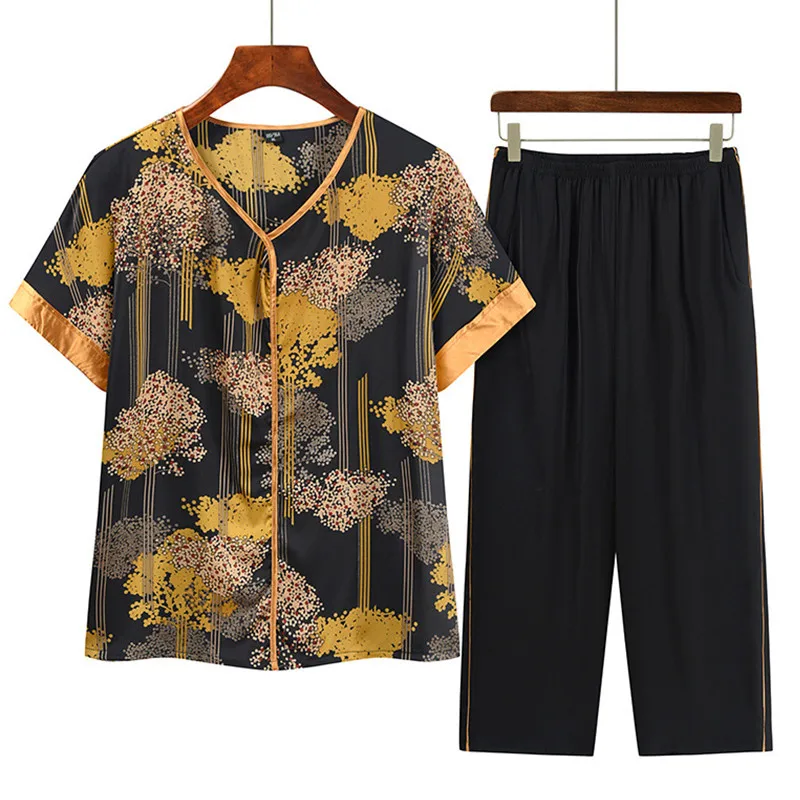 

Printed Middle Aged Mother Short Sleeve Cardigan Set Casual Capris Two Piece Suit Summer Outfits For Women Conjuntos De Calça