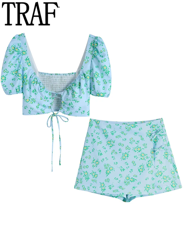 

TRAF Women's Skort Blue Floral Skirt Shorts Woman Summer Fashion Beach Casual Shorts Sets High Waist Mini Shorts Women Skort