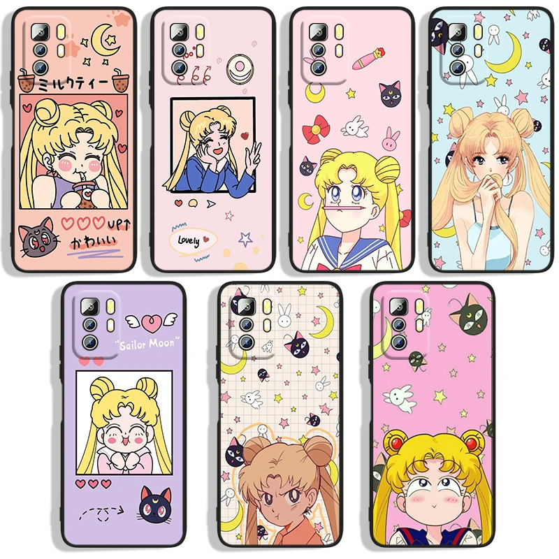 

Sailor Moon Cartoon Phone Case For Xiaomi Redmi Note 10 10S 10T 10ProMax 11 11S 11T 11E Lite Pro 5G 4G Black luxury Silicone
