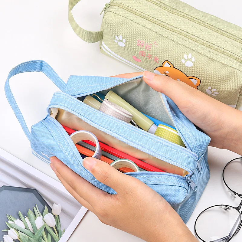 

Creative Double Layer Stationery Box Double Zipper Canvas Large Capacity Pencil Case Kawaii Animal Pencil Bag Simple Stationery