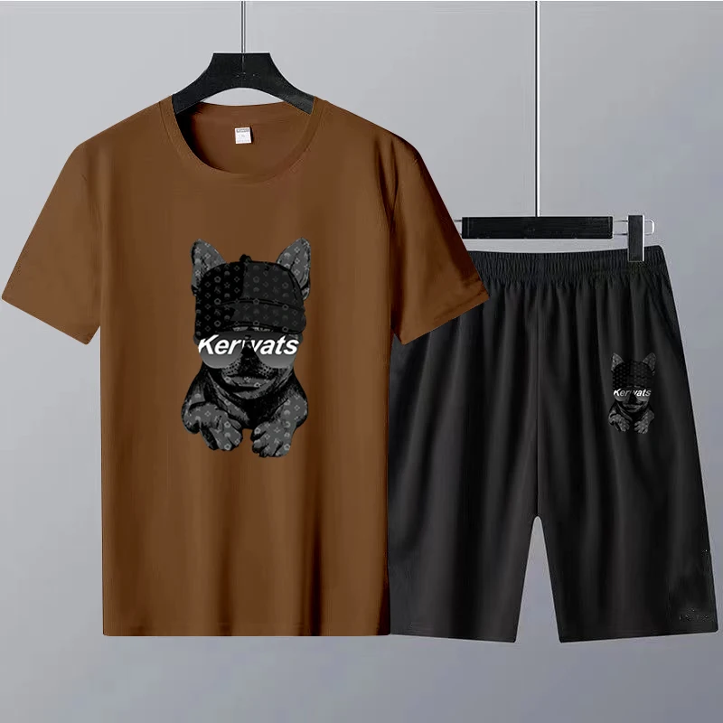 2023 Summer New Cute Dog Print O-Neck T-shirt+Shorts Tracksuits 2 Pcs outfits Causal Man Sport Suit Oversized Men Set Cotton