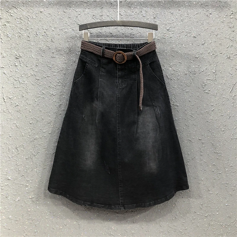 

Black Skirts Jeans Spring and Summer 2022 New Black A-line Skirt High Waist Middle and Long Skirt Vintage
