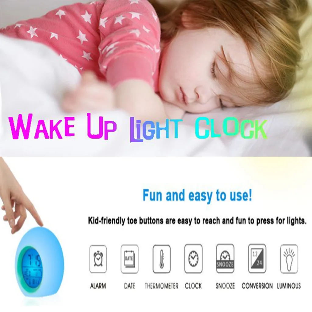 

Круглый светодиодный Будильник 7 цветов, многофункциональный настольный светильник для ванной комнаты, гаджеты для умного дома