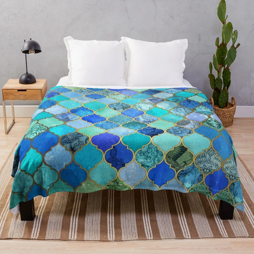 

Cobalt Blue, Aqua & Gold Decorative Moroccan Tile Pattern Throw Blanket Hair blanket