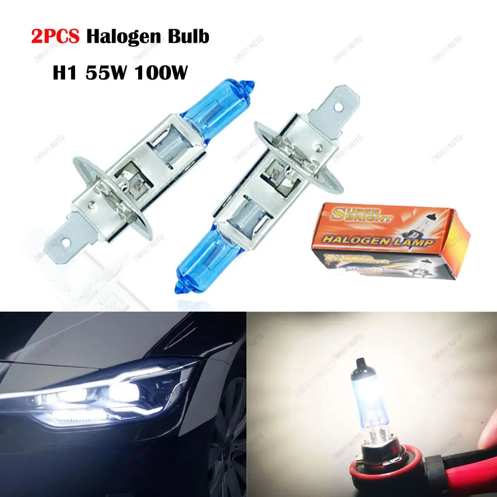 

2 шт. H1 55 Вт 100 Вт галогенные лампы высокой мощности супер яркие белые автомобильные противотуманные фары 12 В 5000 К авто дальние фары DRL