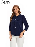 kesty womens plus size shirts spring polyester shirts 34 sleeve shirts button lapel loose casual shirts