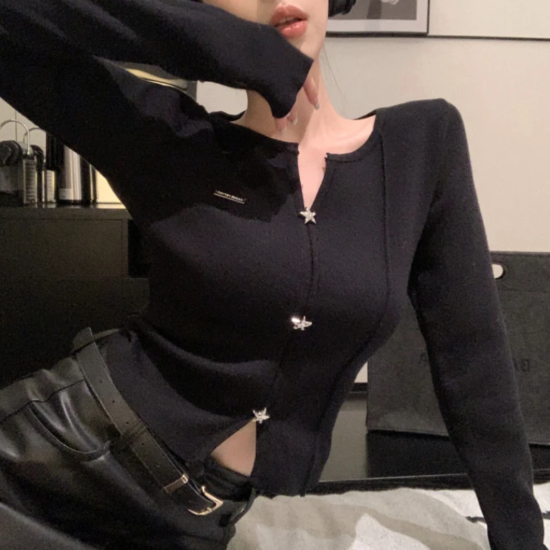 

2022 Winter for Women Korean Style Retro Star Button Front Warm Soft Cashmere Sweater Long-sleeved Slim Knit Pullover Tops