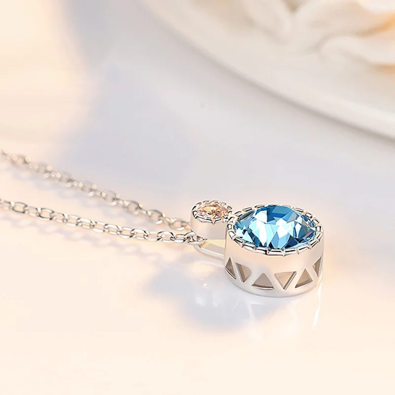 

100% 925 Silver European Blue Crystal Ocean Round Shape Pendant Clavicle Chain Necklace Women Classic Fashion Wedding Jewelry