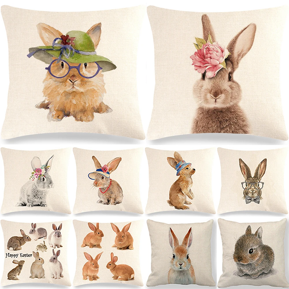 

Cute Rabbit Cushion Cover Square Linen Pillow Cover Easter Bunny Throw Pillowcase Home Decorations Pillows Cushion Case