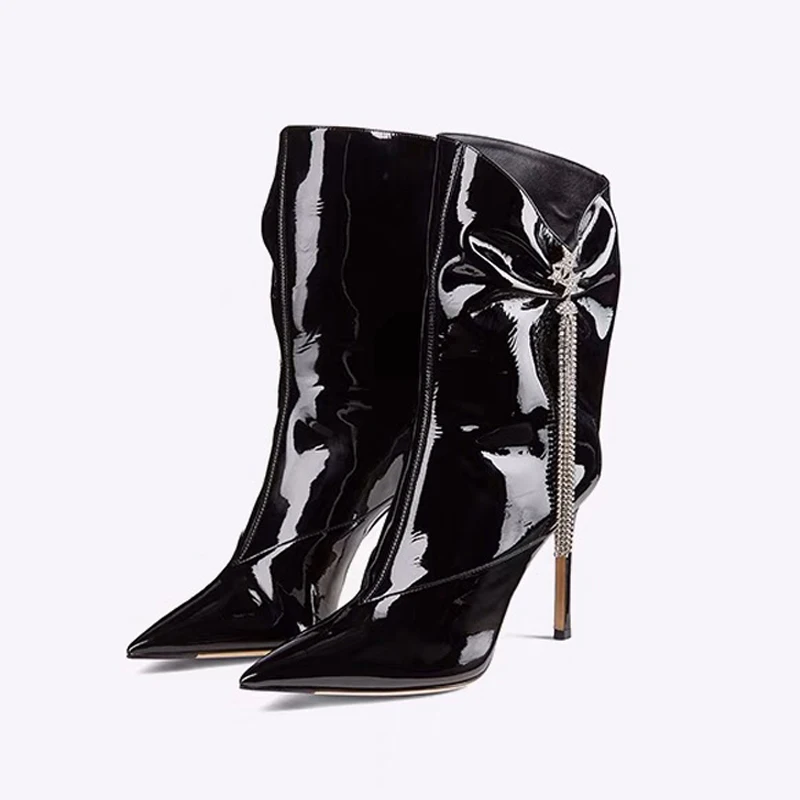 Patent Leather Rhinestone Short Boots 2022 Winter Pointed Thin Heel Mid-calf Boots Metal Chain Decorate Runway Nightclub Pumps