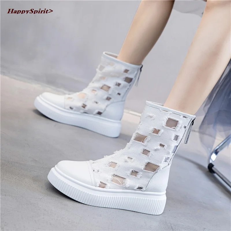 

New Summer Thin Denim Canvas Thick-soled Boots Breathable Hollow Mesh Inner Heighten Cool Boot Women's Fashion All-match 40